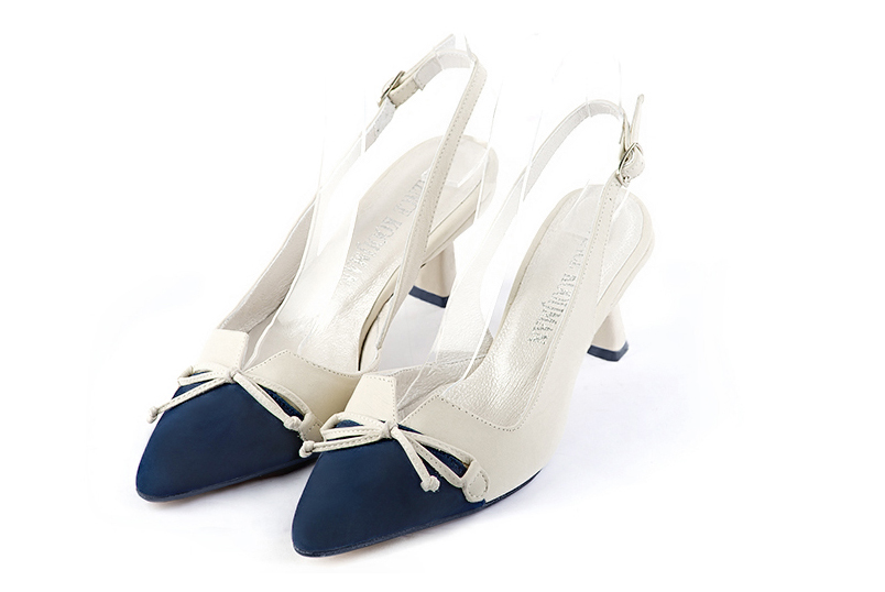 Navy blue and off white women's open back shoes, with a knot. Tapered toe. Medium spool heels. Front view - Florence KOOIJMAN